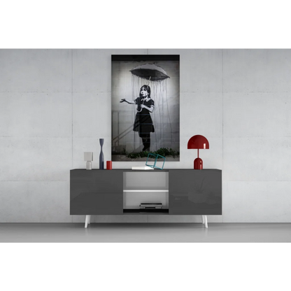 Banksy girl with umbrella black and white canvas wall art print