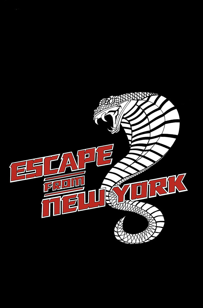 Black background with a white striped cobra rising and baring its fangs beside red block lettering reading ESCAPE FROM NEW YORK.