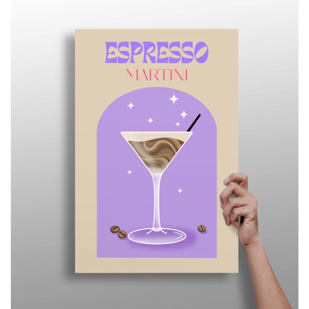 Lavender espresso martini glass with black straw and coffee beans on purple art print