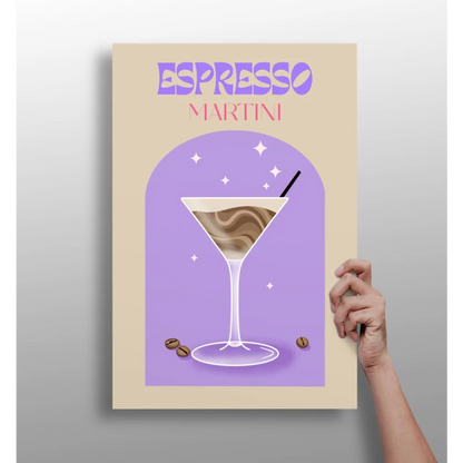 Lavender espresso martini glass with black straw and coffee beans on purple art print