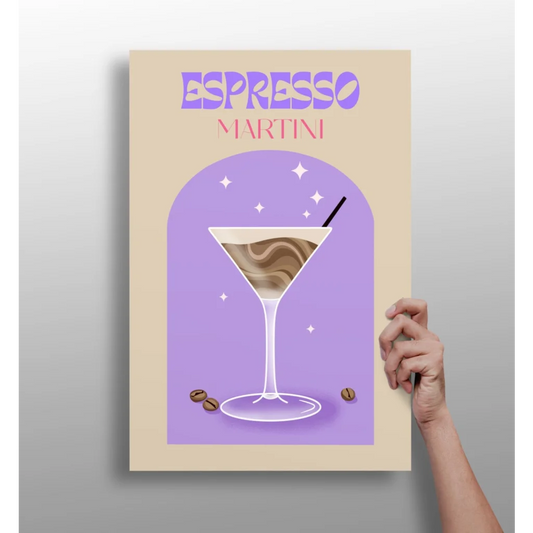 Lavender espresso martini glass with black straw and coffee beans on purple art print