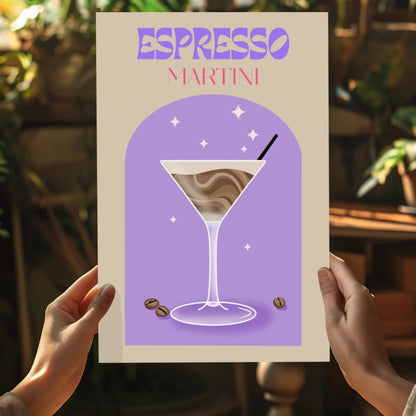 Lavender espresso martini poster with white outline and coffee beans