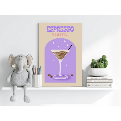 Espresso Martini poster on purple beige background with coffee bean glass design