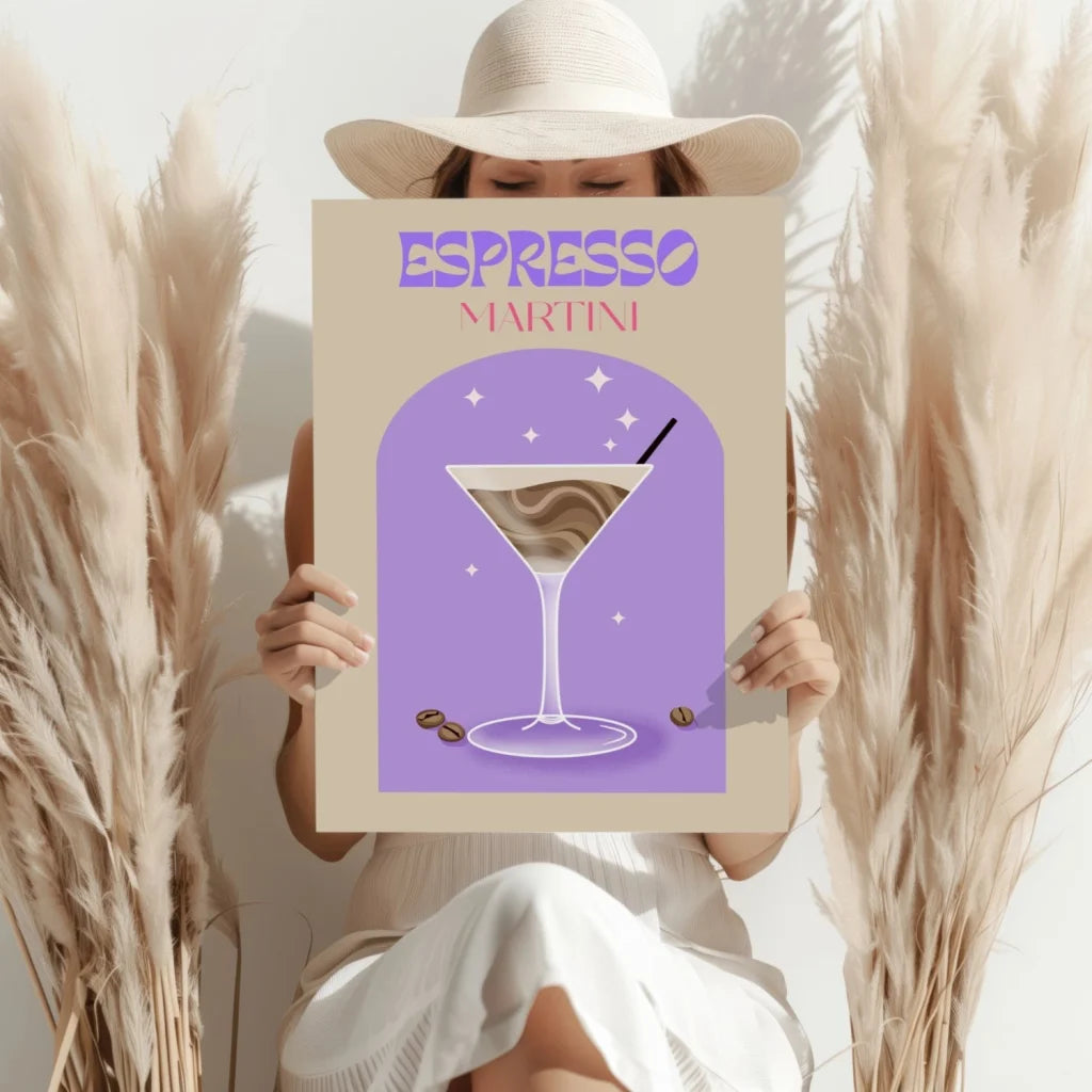 Lavender espresso martini poster on starry background, elegant purple glass aluminum print