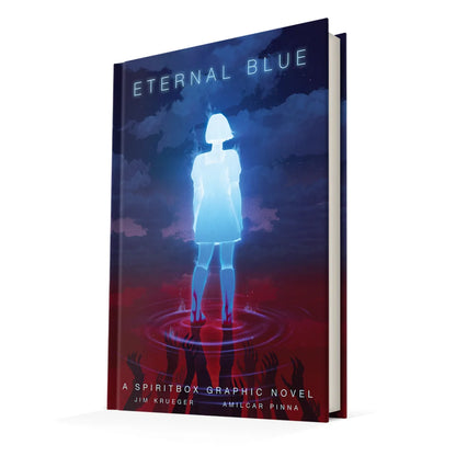 Eternal Blue graphic novel with glowing blue silhouette in water, red and blue hues