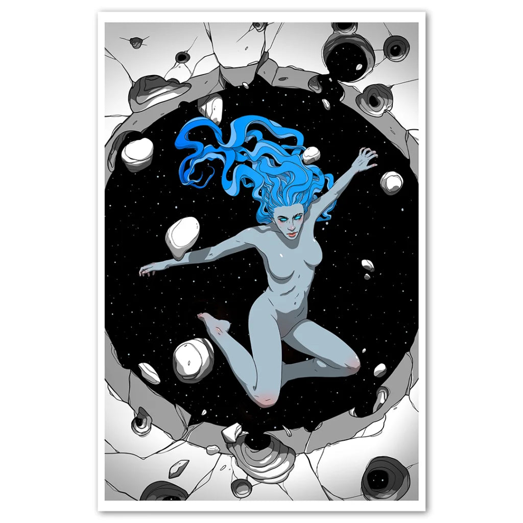 Humanoid figure with blue hair and pale skin floating among celestial bodies in Eternal Blue Deluxe Bundle