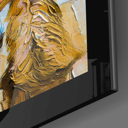 Gold-toned impasto boy and dog glass wall art with textured brushstrokes