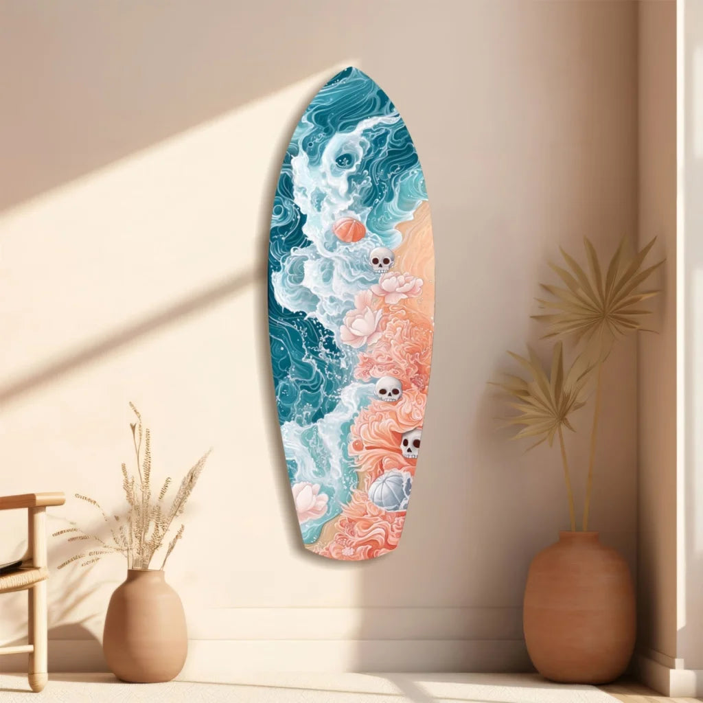 Vibrant tempered glass art surfboard with ocean waves and skulls