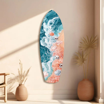 Vibrant tempered glass art surfboard with ocean waves and skulls