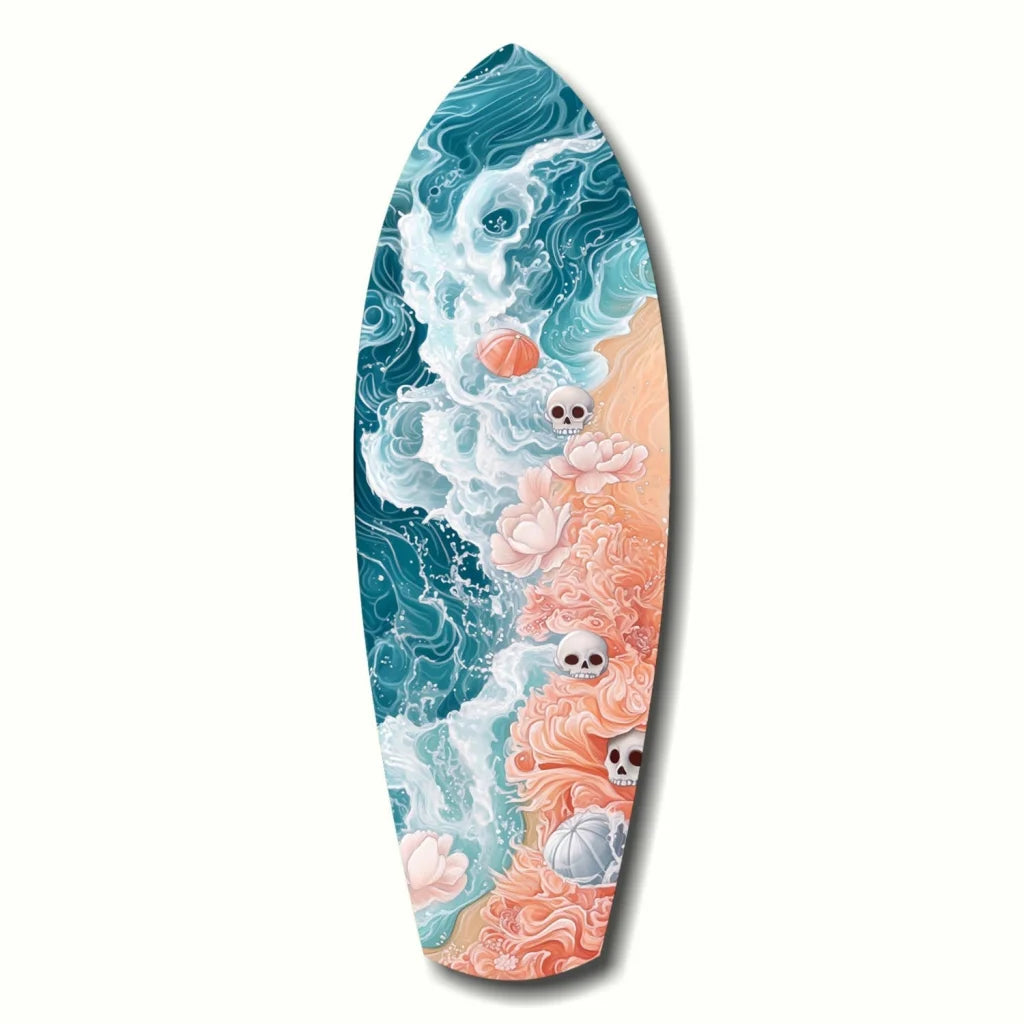 Surfboard Tempered Glass Art with Ocean Waves and Skulls | Insigneart USA | vintageantiquesgifts.com