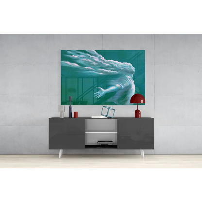 Sleek modern gray lacquered sideboard with white legs as ethereal teal cloud spirit glass wall art