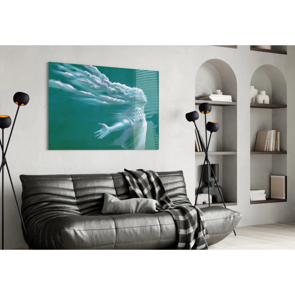 Modern teal glass wall art canvas print with ethereal floating figure in silver frame