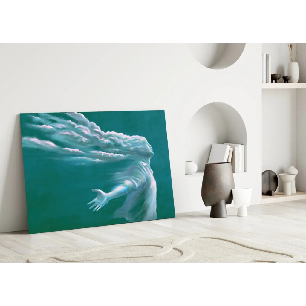 Ethereal Teal Cloud Spirit glass wall art canvas print with ghostly figure