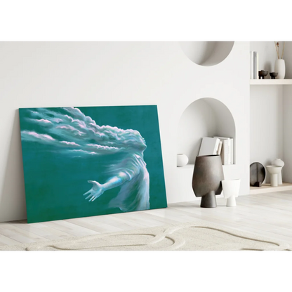 Ethereal Teal Cloud Spirit glass wall art canvas print with ghostly figure
