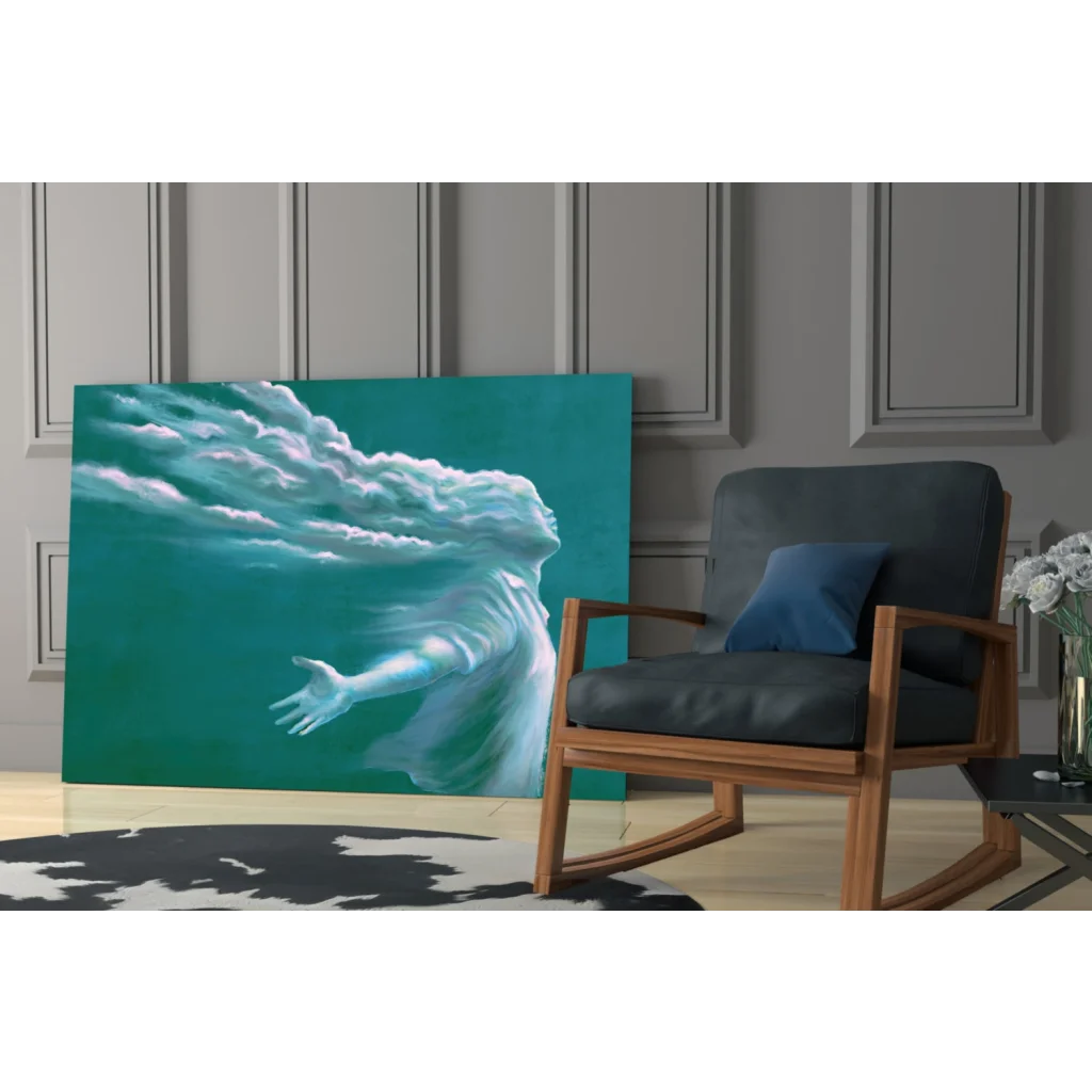 Teal and white abstract flowing figure glass wall art canvas print