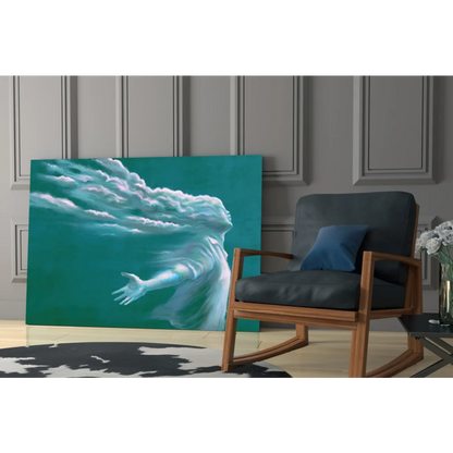 Teal and white abstract flowing figure glass wall art canvas print