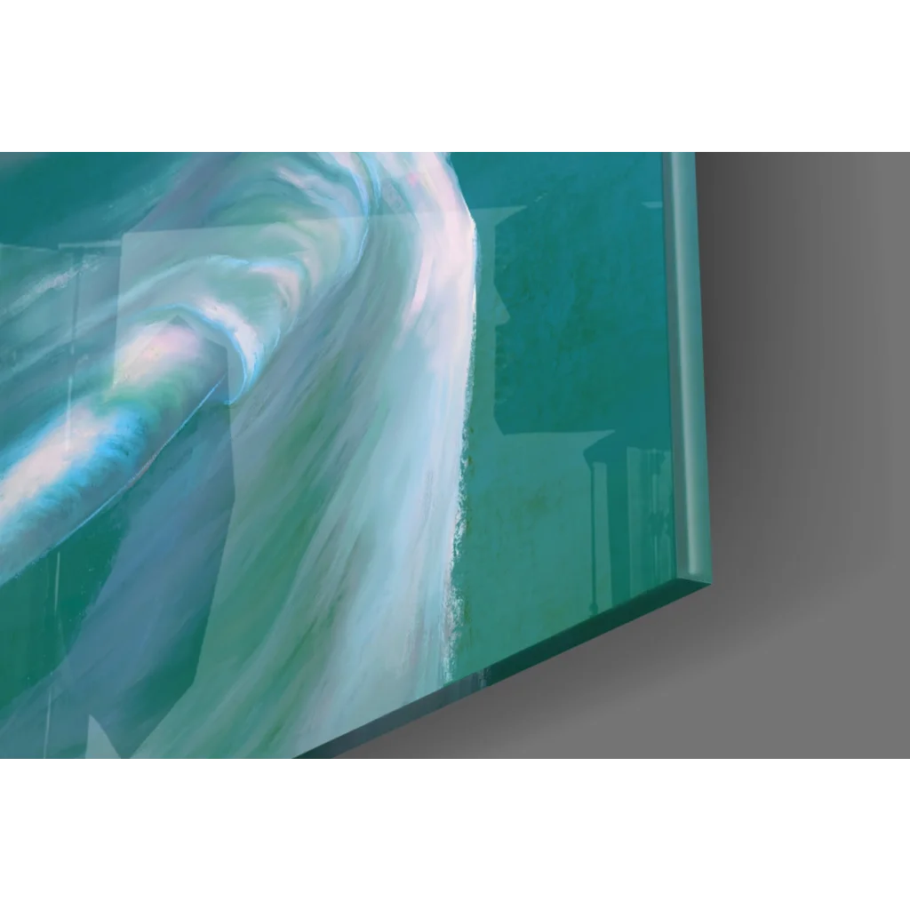 Ethereal teal cloud spirit glass wall art with green mirror and white fabric