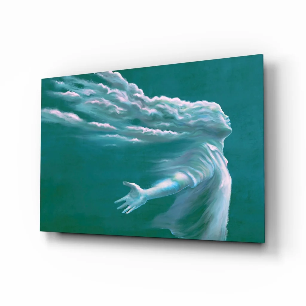 Ethereal Teal Cloud Spirit glass wall art with outstretched arms on teal background