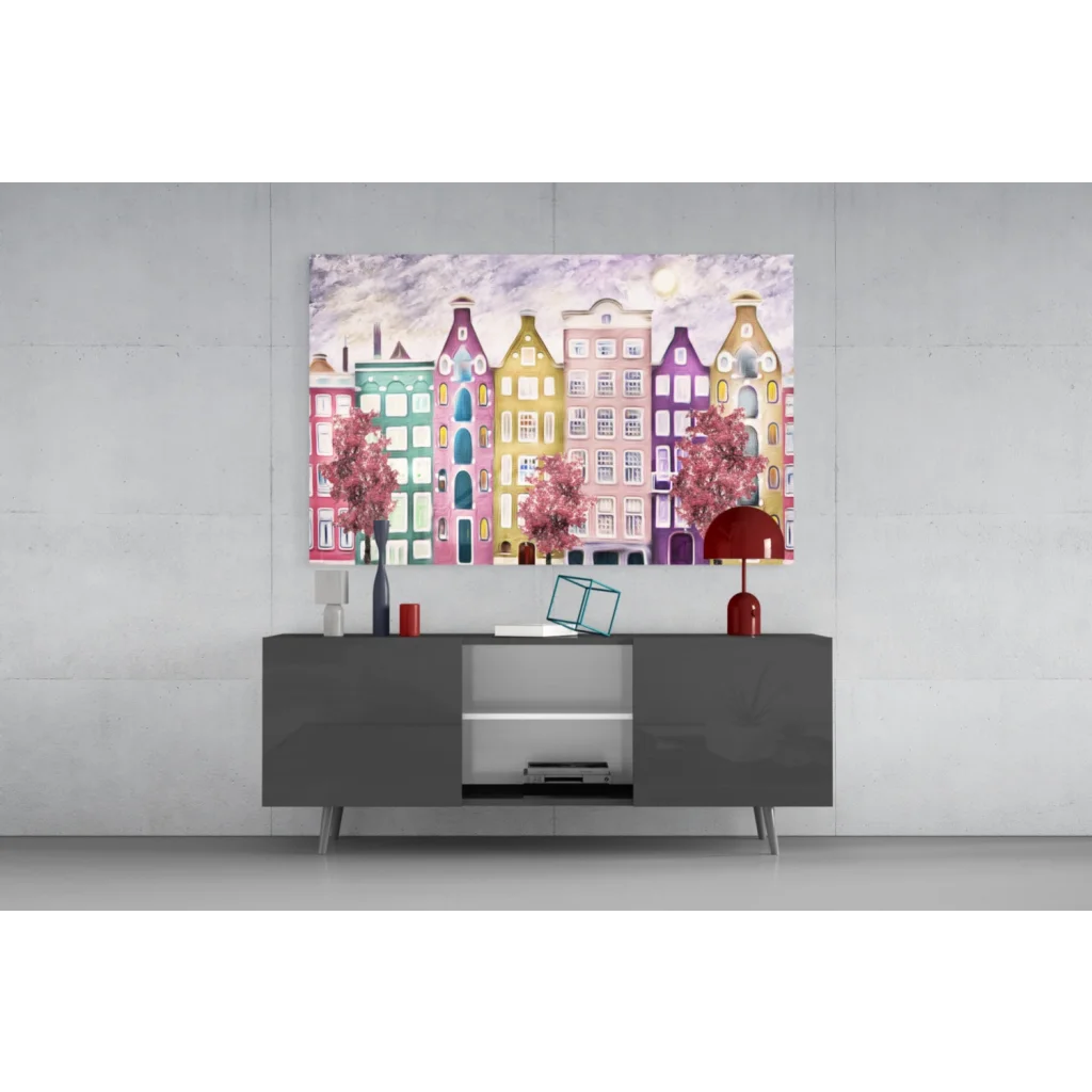 Vibrant pastel canal houses with pink trees wall art canvas