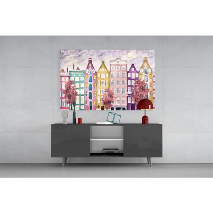 Vibrant pastel canal houses with pink trees wall art canvas