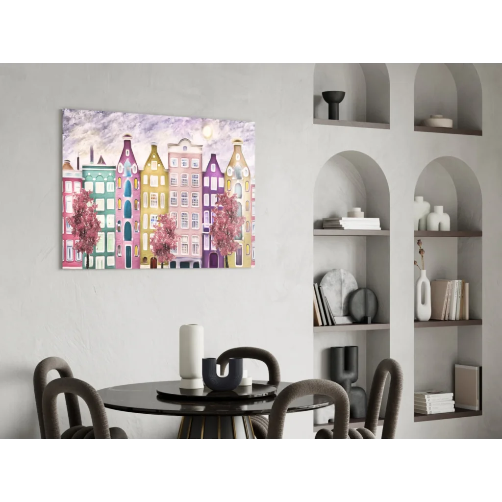 Vibrant pastel canal houses with pink cherry blossoms canvas wall art