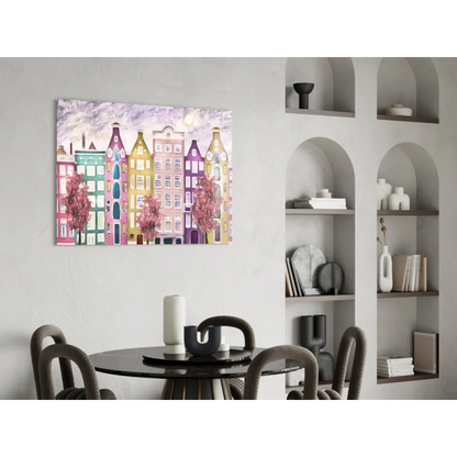 Vibrant pastel canal houses with pink cherry blossoms canvas wall art