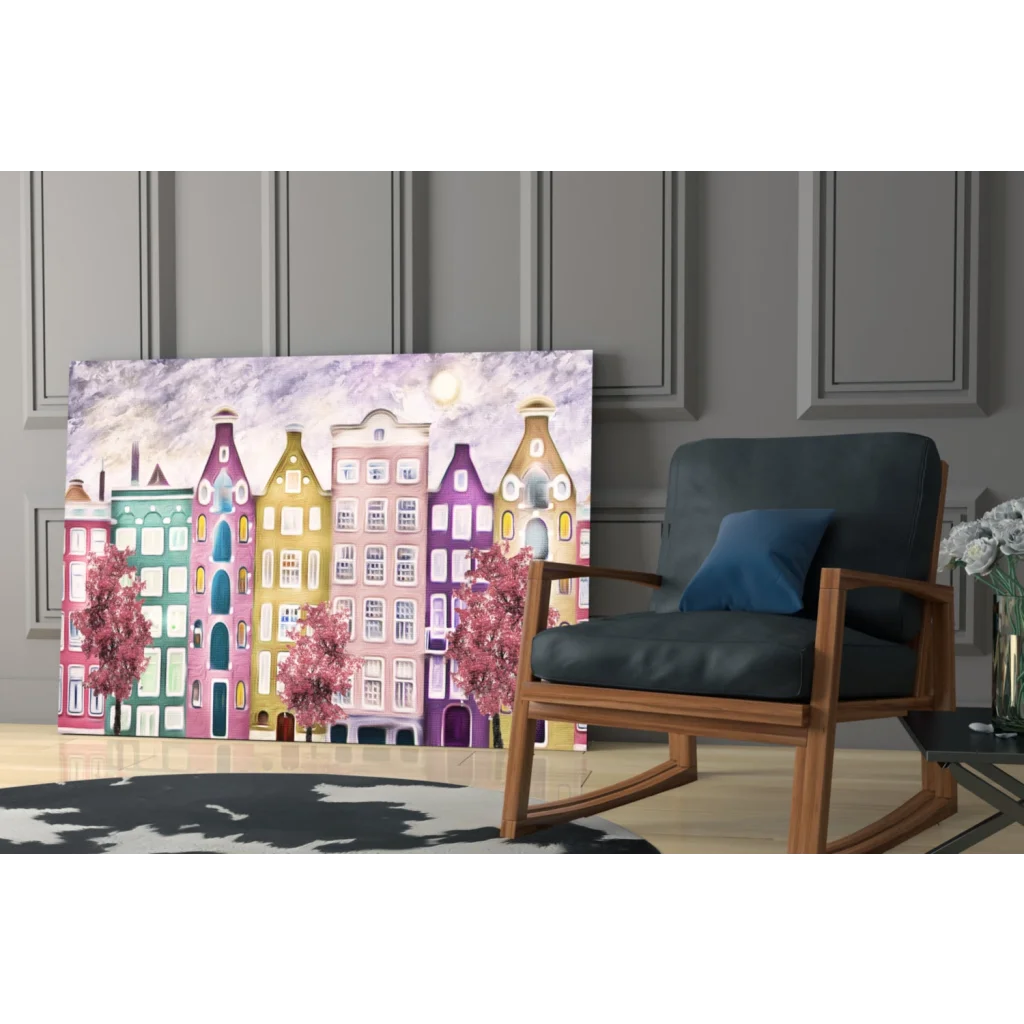 Vibrant European canal houses with pink trees canvas wall art