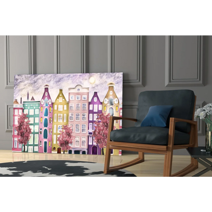 Vibrant European canal houses with pink trees canvas wall art