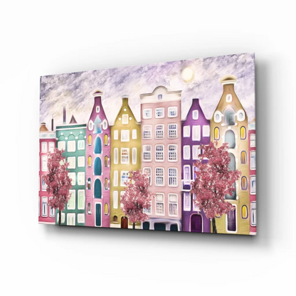 Vibrant European canal houses with pink trees canvas wall art