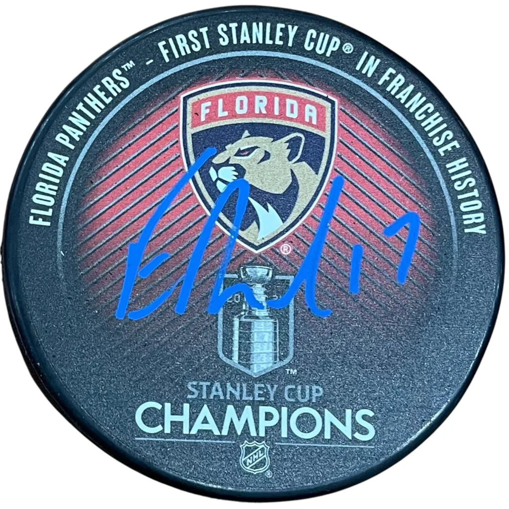 Evan Rodrigues autographed Florida Panthers hockey puck with Stanley Cup Champs logo