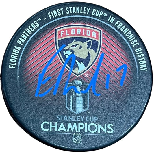 Evan Rodrigues autographed Florida Panthers hockey puck with Stanley Cup Champs logo