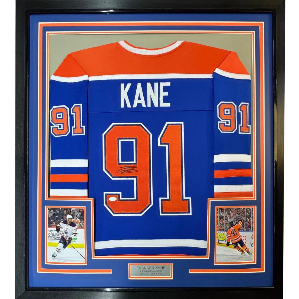 Framed signed Evander Kane #91 Edmonton Oilers jersey with player cards for man cave decor