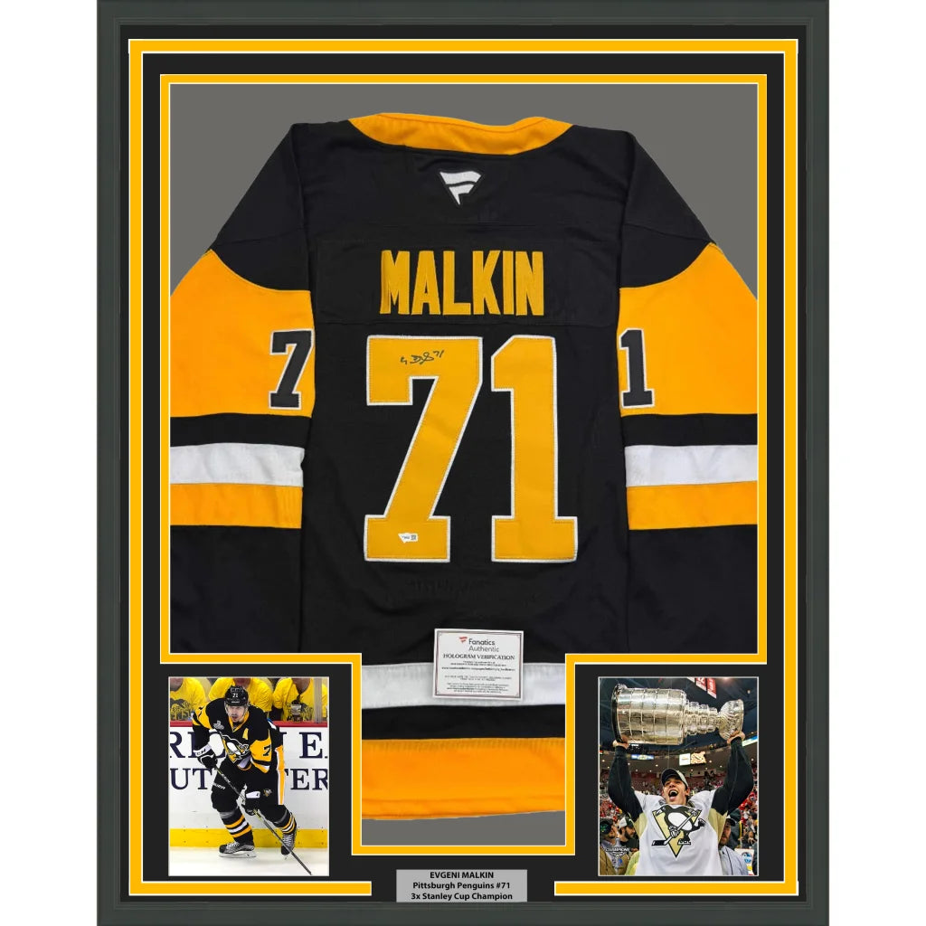 Autographed Evgeni Malkin Pittsburgh Penguins jersey in a frame ready to hang