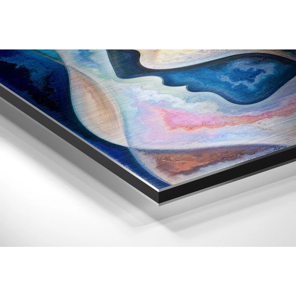 Swirling abstract eyes on brushed aluminium dibond print with blue pink beige swirls