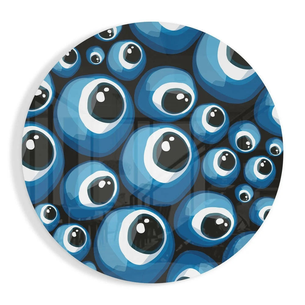 Mesmerizing blue eye tempered glass art circle with dense stylized eyes