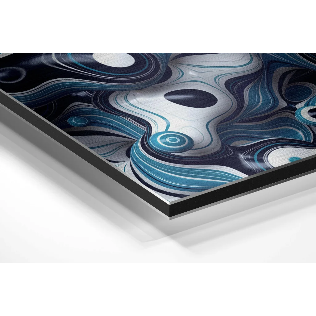 Abstract swirling blue white black art on brushed aluminium dibond print