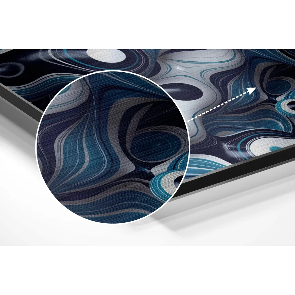 Sleek abstract marbled brushed aluminium dibond print in blues, silvers, teals