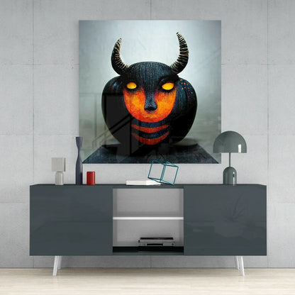 Spooky Pumpkin Glass Wall Art with Glowing Fiery Face | Contemporary Home Wall Art | vintageantiquesgifts.com