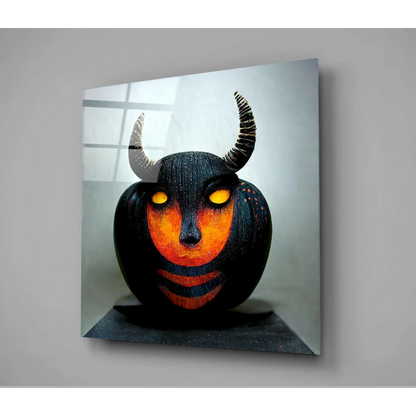 Spooky Pumpkin Glass Wall Art with Glowing Fiery Face | Glass Wall Art Print | vintageantiquesgifts.com