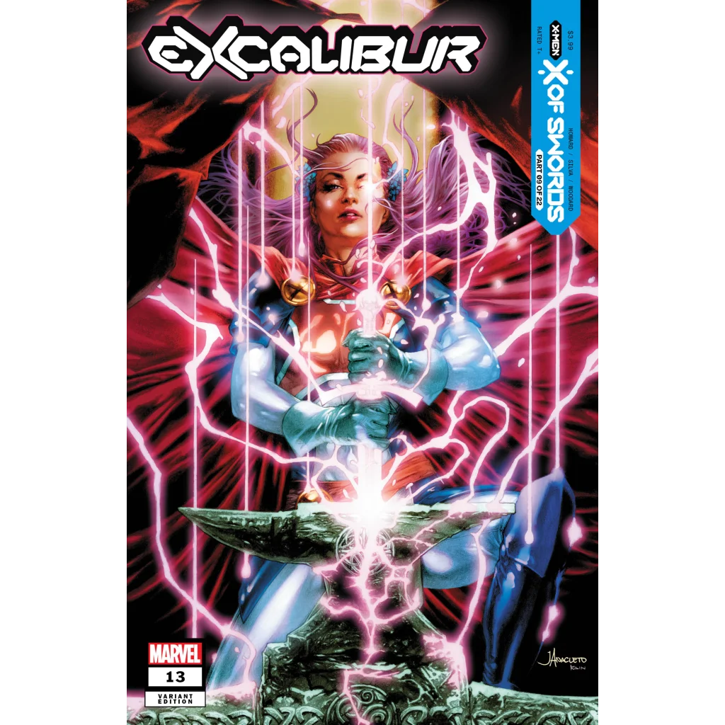 Marvel X-Men Excalibur X of Swords comic cover with woman holding glowing sword in anvil