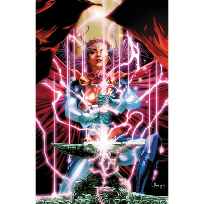 Marvel Comics superheroine drawing glowing sword from anvil with pink lightning by comics Jay Anacleto