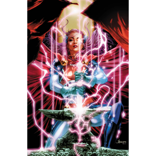 Marvel Comics superheroine drawing glowing sword from anvil with pink lightning by comics Jay Anacleto