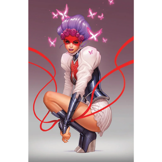 Stylish woman with purple hair and red markings at Hellfire Gala David Nakayama exclusive virgin cover