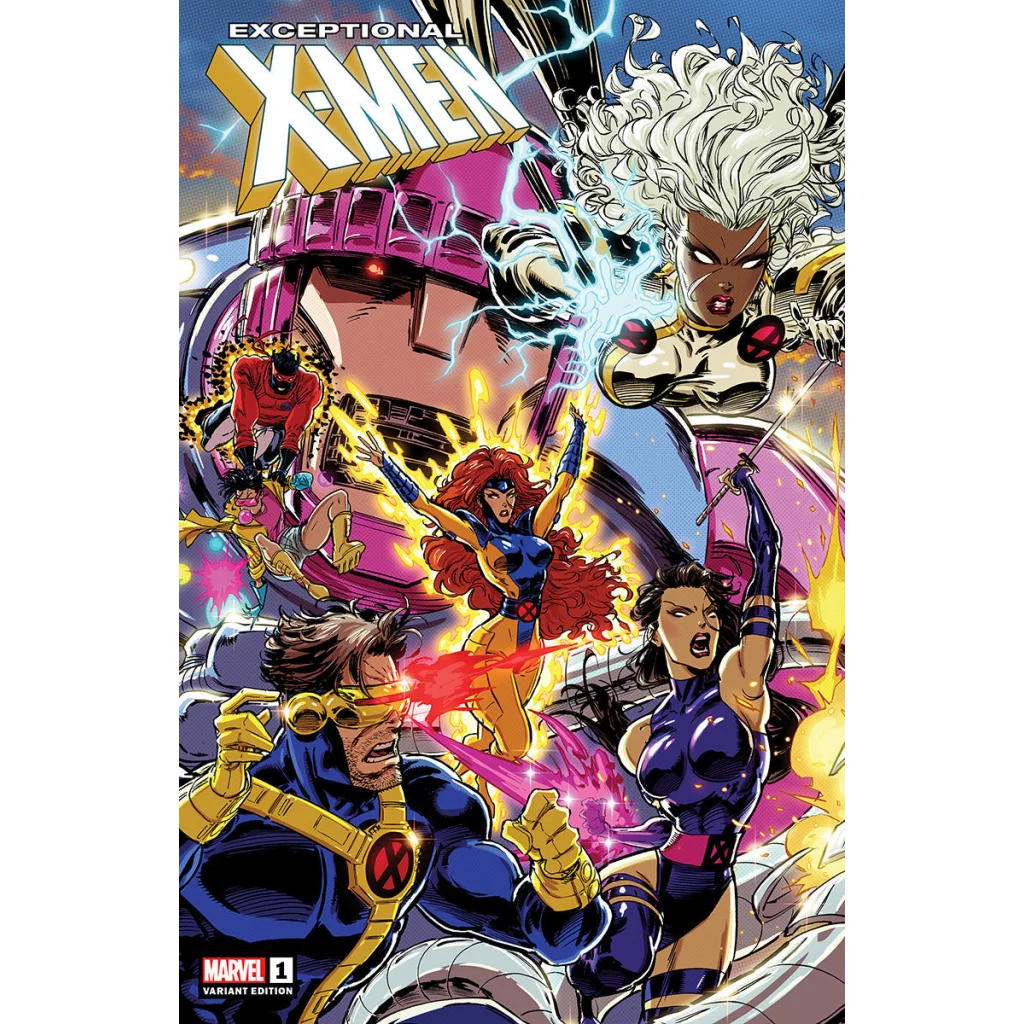 Vibrant Exceptional X-Men #1 Kaare Andrews cover with Cyclops, Storm, Jean Grey battling Sentinel