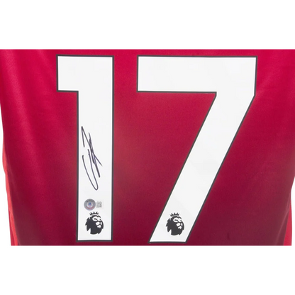 Red Manchester United jersey with number 17 and autograph, signed Manchester United gear