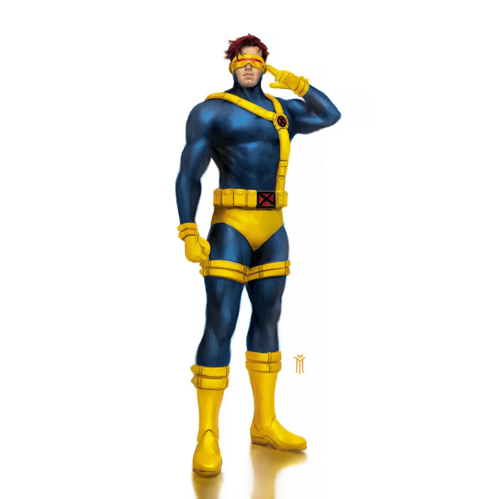 Male superhero in blue and yellow costume with visor on X-Men comic cover