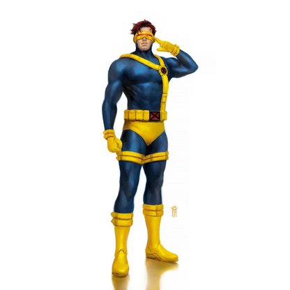 Male superhero in blue and yellow costume with visor on X-Men comic cover