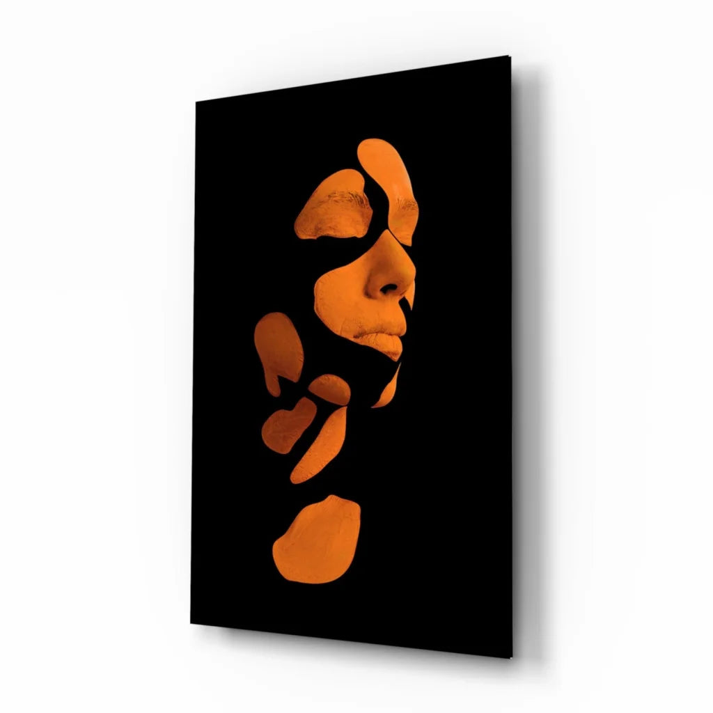 Stunning orange abstract face glass wall art on black canvas