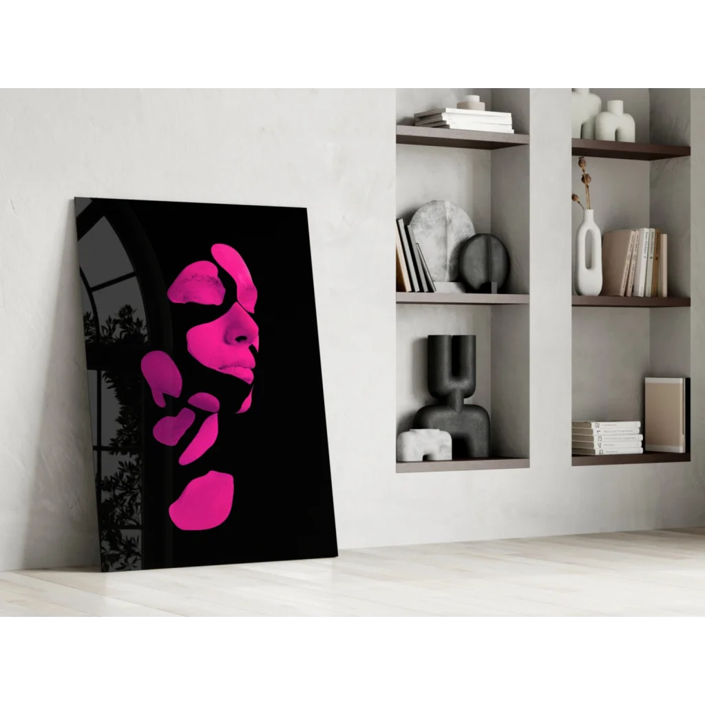 Vibrant pink face glass wall art on sleek black canvas