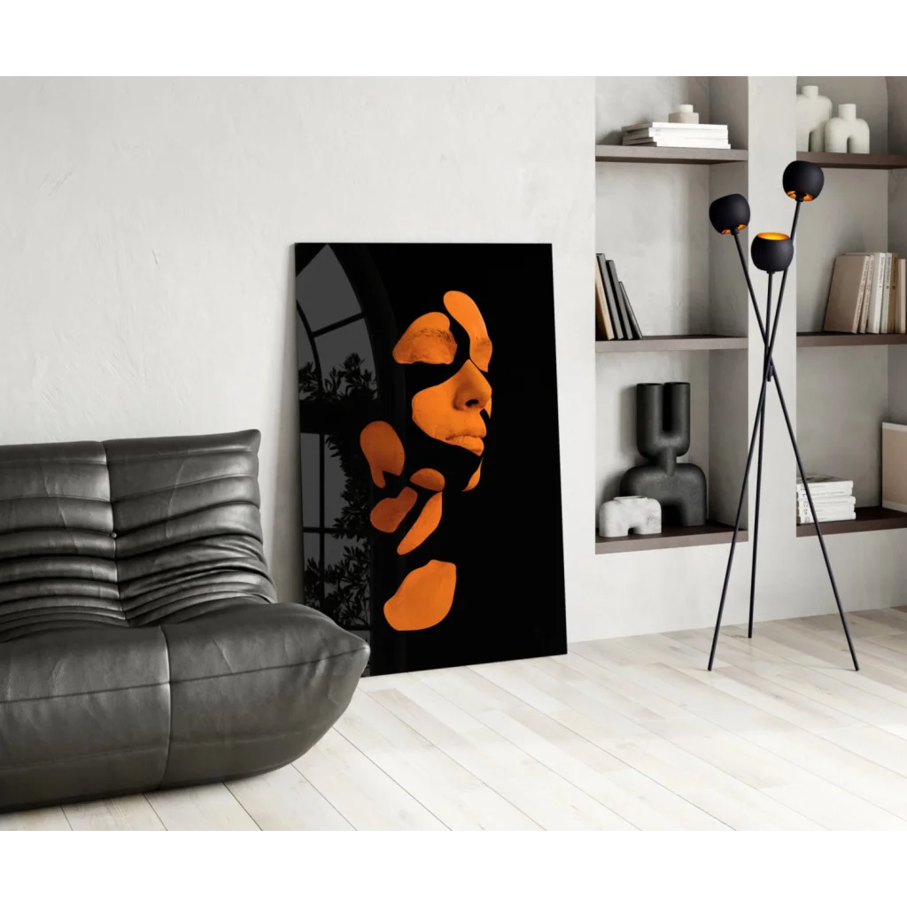 Stunning orange abstract face glass wall art on black canvas